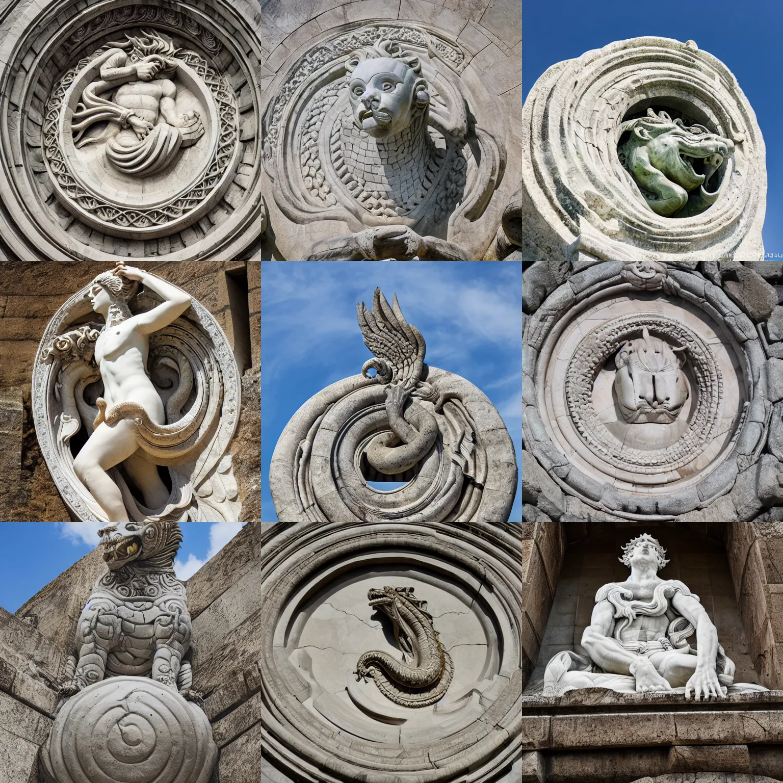 Prompt: giant and intricate ancient statue of ouroboros, marble on top of a hill, professional photography, dramatic