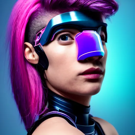 Prompt: a stunning high shutter speed action upper body portrait of a beautiful woman with a ombre purple pink hairstyle with hair flying wearing futuristic navy blue and teal battle bodyarmor and pauldrons by marvel comics, outrun, vaporware, action photography, highly detailed, fine detail, intricate, digital art, trending on artstation