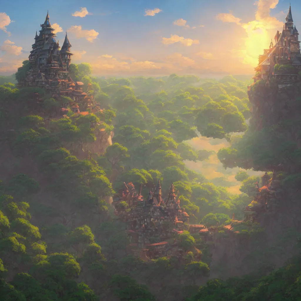 Prompt: “Studio Ghibli’s ‘Castle in the Sky’ during sunset, by Makoto Shinkai, trending on Artstation, 8k, 4k, high-res, digital art”