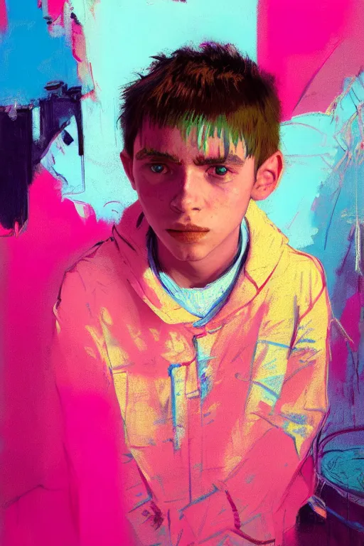 Prompt: portrait of a young boy nor living not death in a postapoliptic forgotten world, in the colors hot pink and cyan, beautiful face, rule of thirds, complex outfit, spotlight, by greg rutkowski, by jeremy mann, by francoise nielly, by van gogh, digital painting