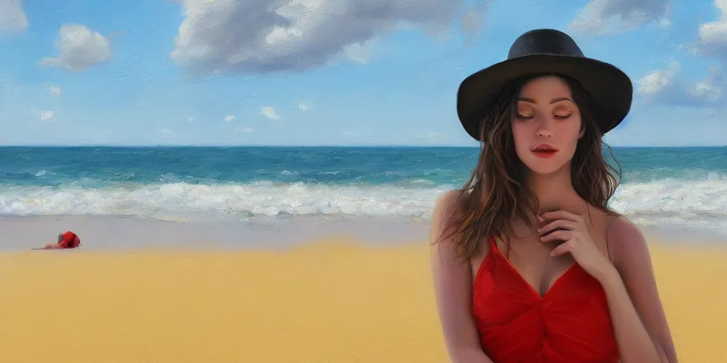 Image similar to beautiful oil matte portrait painting, young woman with red dress and mustard yellow summer hat at a beach on a sunny day, wonderful masterpiece highly detailed, beautiful cinematic light deep focus, elegant, digital painting, smooth, sharp focus, golden ratio, dramatic illumination, ultra realistic, 8 k, art by jimmy law