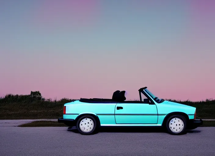 Prompt: color photo of a volkswagen golf cabriolet the 8 0's. gradient sky in the background. new wave style