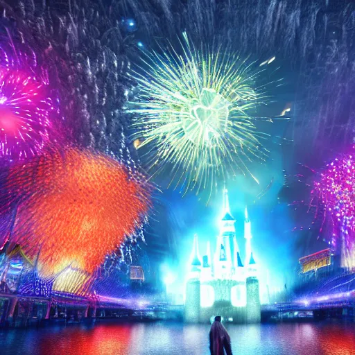 Prompt: raining, fireworks in a city, lights, 3 d render, illustrated, incredible details, highly detailed, colorful, photorealistic, disney pixar, octane render, iridescent, anime, 8 k