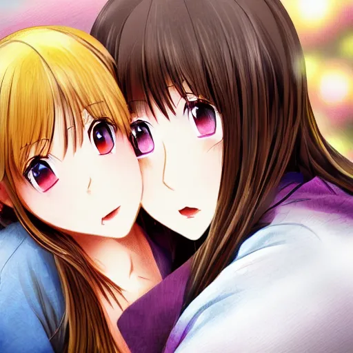 Image similar to digital anime art, two girls cuddling together on bed