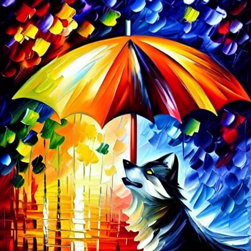 Prompt: wolf under umbrella by leonid afremov