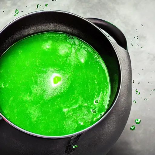 Image similar to brewing violent bubbling green fluid soup, green steam rising from soup