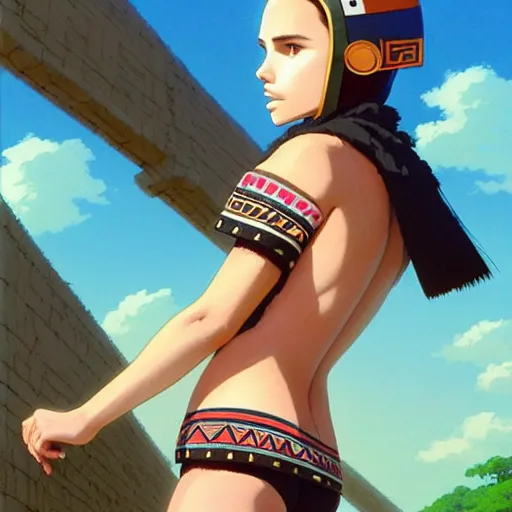 Image similar to beautiful boyish natalie portman alluring gravure model, wearing aztec wooden mask helmet cap and leotard, elegant bulky aztec football gear subtle mayan patterns, elegant aztec bathing suit, gapmoe yandere grimdark, trending on pixiv fanbox, painted by greg rutkowski makoto shinkai takashi takeuchi studio ghibli, akihiko yoshida