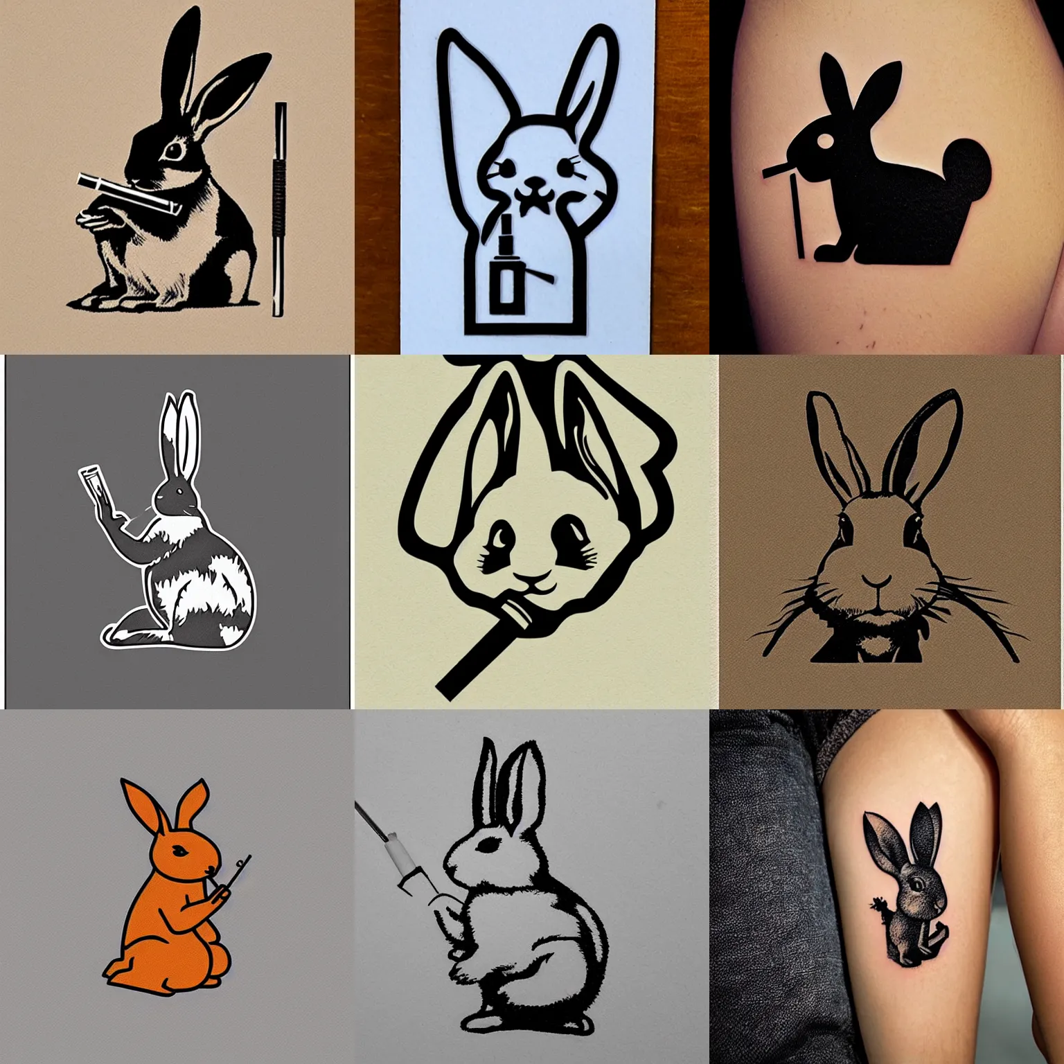 Prompt: rabbit smoking a cigarette stencil tattoo
