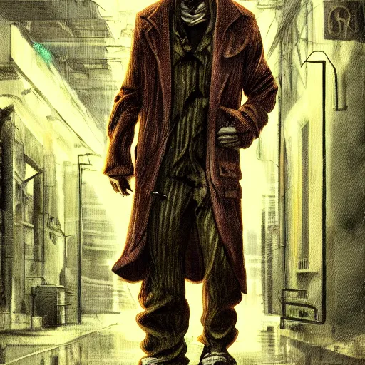 Image similar to frankenstein's monster wearing a trench coat on a wet nighttime street, cyberpunk style, trending on art station, trending on deviantart, 8 k resolution, epic digital art