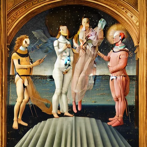 Image similar to beautiful renaissance painting portrait of an astronaut floating in space by sandro botticelli, jan van eyck, tiziano vecelli, piero della francesca