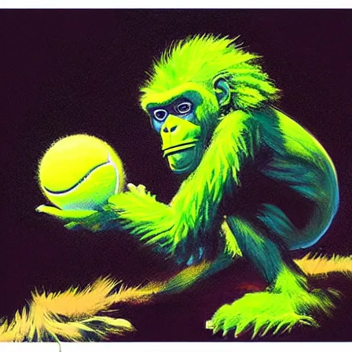 Image similar to a tennis ball monster ape , digital art, fantasy, magic, trending on artstation, ultra detailed, professional illustration by Basil Gogos