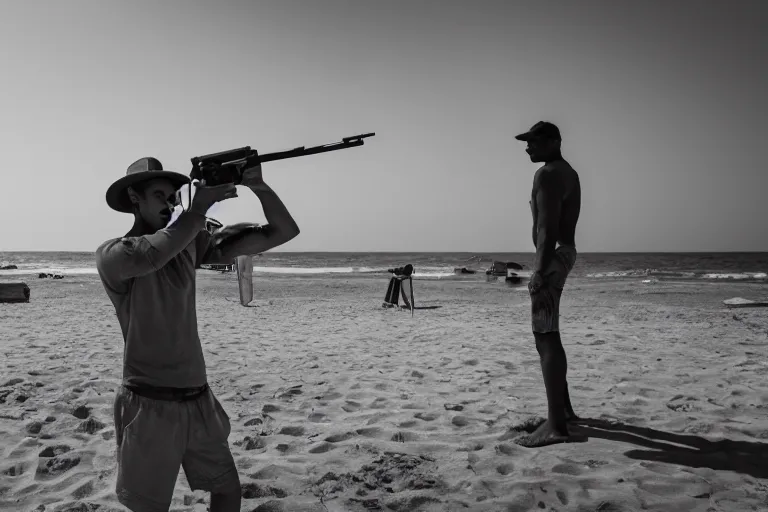 Prompt: photograhy of a guy selling guns in the beach, 4k