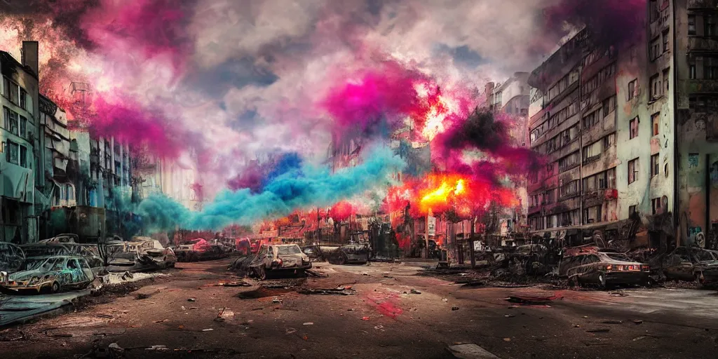 Image similar to post - apocalyptic kreuzberg streets covered in colorful smoke, burned cars, explosions, hyperrealistic, gritty, damaged, dark, urban photography, photorealistic, high details