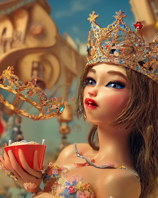 Image similar to closeup face profile portrait of a tin toy fairytale princess wearing a crown eating cakes, bikini, depth of field, zeiss lens, fashion photoshoot by max fleischer, breathtaking, detailed and intricate environment, 8 k resolution, extremely detailed, beautiful, establishing shot, artistic, hyperrealistic, octane render