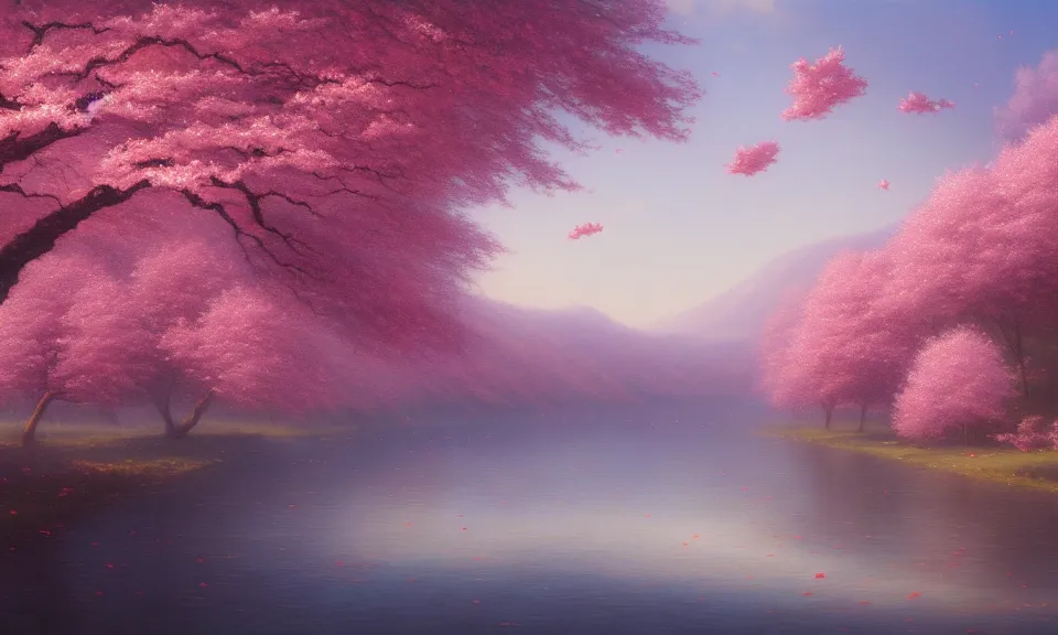 Image similar to a beautiful landscape matte painting of cherry trees with petals flying in the sky, beside a river, by christophe vacher, trending on artstation