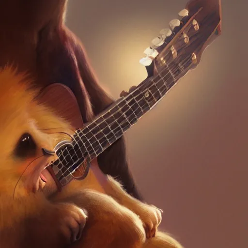 Image similar to realistic bear holding a wooden triangle combined with guitar sound hole and guitar neck, highly detailed, digital painting, artstation, concept art, smooth, sharp focus, illustration, cinematic lighting, art by artgerm and greg rutkowski and alphonse mucha