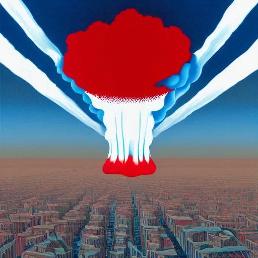 Prompt: red, white and blue nuclear explosion over a city on the fourth of july in the style of m. c. escher, junji ito and beeple, patriotic, mushroom cloud, american flag, 8 k resolution