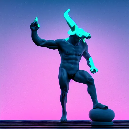 Image similar to unreal engine octane render houdini hyperreallistic render 8k marble statue of the bull minotaur vaporwave blue and pink neon background