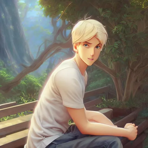 Image similar to young man with short, ash blond greyish hair, light brown eyes, casual clothes, relaxing, happy, path traced, highly detailed, high quality, digital painting, by don bluth and ross tran and studio ghibli and alphonse mucha, sylvain sarrailh, beautiful details