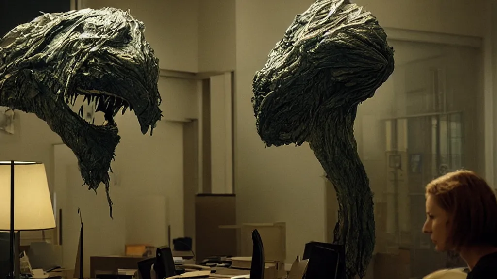 Image similar to the strange giant creature head in the office, made of oil and water, film still from the movie directed by Denis Villeneuve with art direction by Salvador Dalí