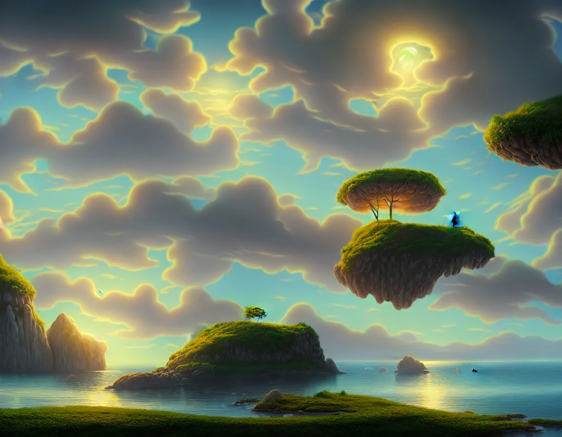 Prompt: ultra realistic illustration of magical island floating in the sky, serene evening atmosphere, soft lens, soft light, in the style of cgsociety, deviantart, artstation, zbrush, studio matte painting, in the style of martin johnson heade