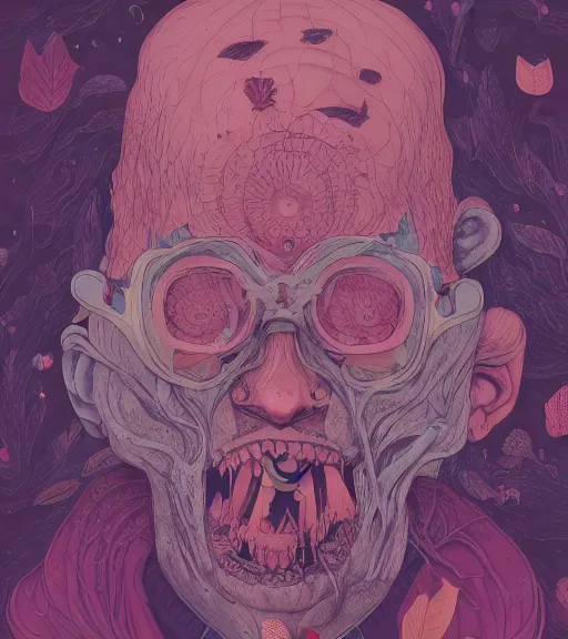 Prompt: portrait, nightmare anomalies, leaves with a model by miyazaki, violet and pink palette, illustration, kenneth blom, mental alchemy, james jean, pablo amaringo, naudline pierre, contemporary art, hyper detailed