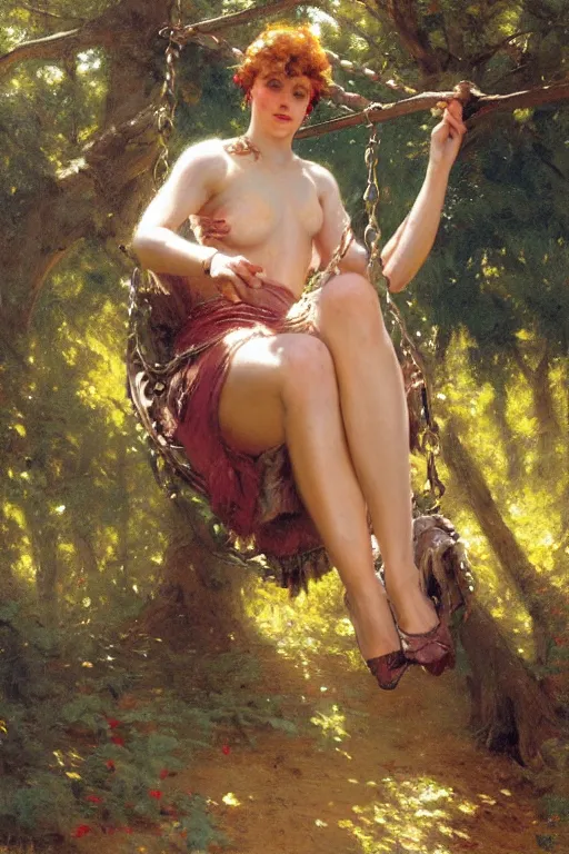 Image similar to full body portrait of her sitting on swing in forest, highly detailed painting by gaston bussiere, craig mullins, j. c. leyendecker, 8 k, mid shot