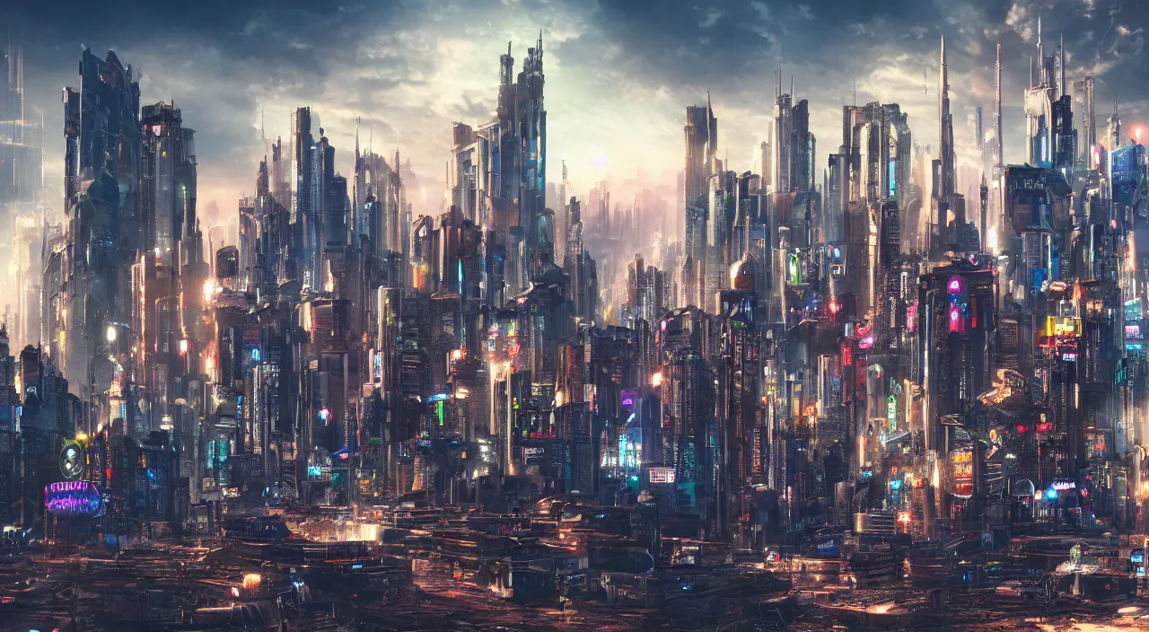 Prompt: majestic cyberpunk city landscape, high definition, high detail, 8k, photorealistic,