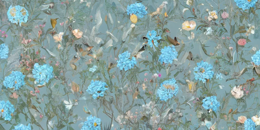 Image similar to breathtaking detailed concept art painting pattern of goddesses of light blue flowers with anxious piercing eyes and background blend of flowers and fruits and birds, by hsiao - ron cheng and beto val and john james audubon, bizarre compositions, exquisite detail, extremely moody lighting, 8 k