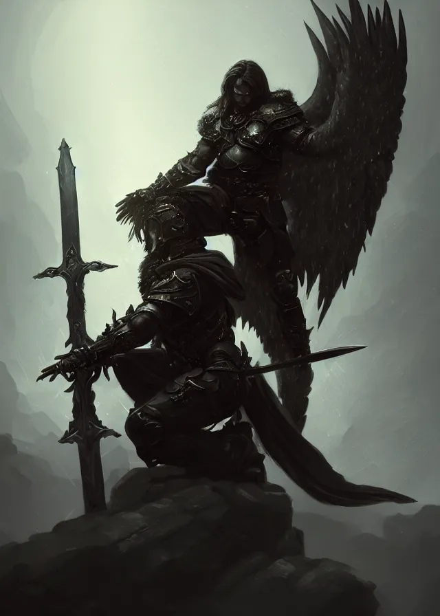 Image similar to dark blizzard art, portrait of fallen man angel kneeling with a sword and shield and wings, bokeh. dark art masterpiece artstation. 8k, sharp high quality illustration in style of Jose Daniel Cabrera Pena and Leonid Kozienko, concept art by Tooth Wu