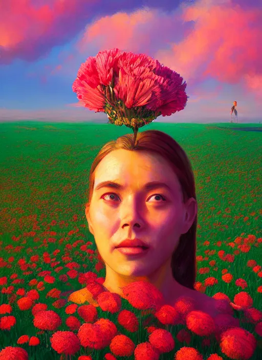 Image similar to portrait of a woman, face made of giant carnation, flower field, surreal photography, sunset dramatic light, impressionist painting, colorful clouds, large sky, digital painting, artstation, simon stalenhag