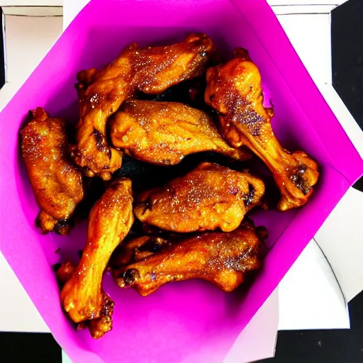 Image similar to a plate of moondust chicken wings in a pink styrofoam box, the styrofoam box is open, the wings are still warm, steam is emitting from them, hyperrealistic,