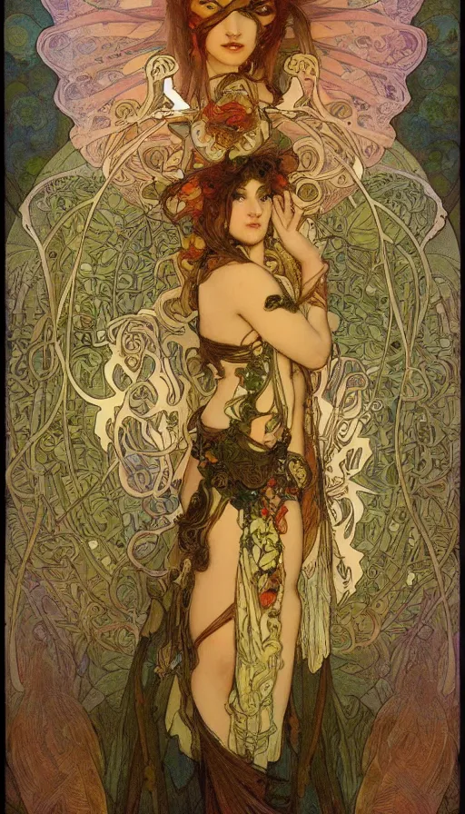 Image similar to psytrance artwork, by alfons maria mucha