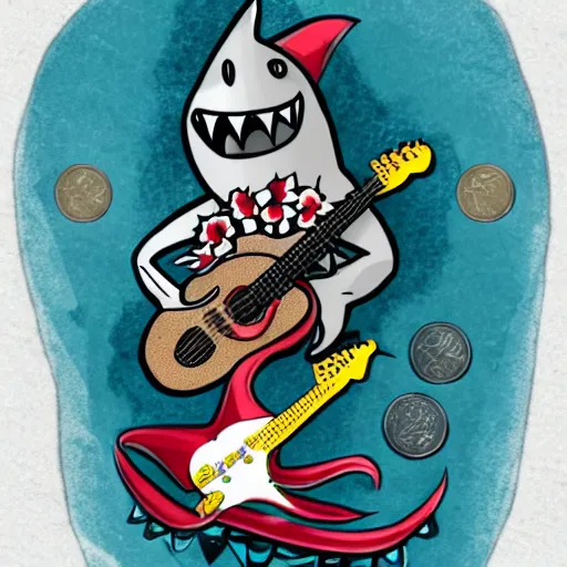 Prompt: Shark and guitar, roses and coins on the background, design in the Maori style for a tattoo