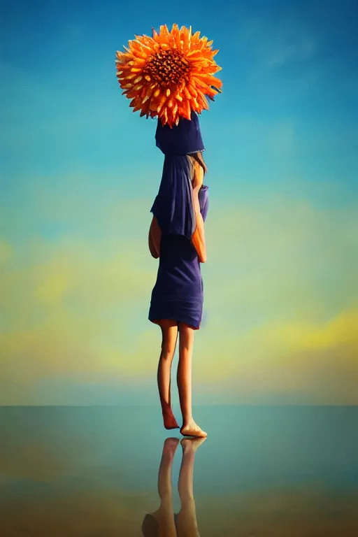 Image similar to closeup giant dahlia flower head, girl standing on beach, surreal photography, blue sky, sunrise, dramatic light, impressionist painting, digital painting, artstation, simon stalenhag