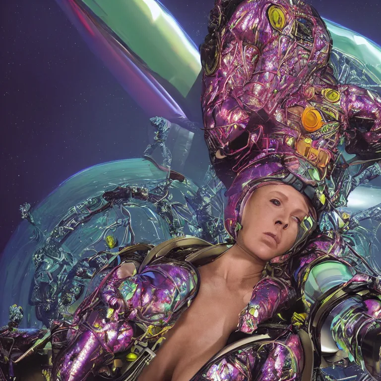 Prompt: octane render portrait by wayne barlow and carlo crivelli and glenn fabry, focus on a woman in a skintight shiny black spacesuit with intricate iridescent metal detailing, covered in bright colorful tropical alien flora in front of a giant rocky cliff, cinema 4 d, ray traced lighting, very short depth of field, bokeh