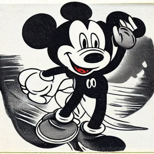 Prompt: vintage 1 9 3 0 s mickey mouse devouring a bloody fish