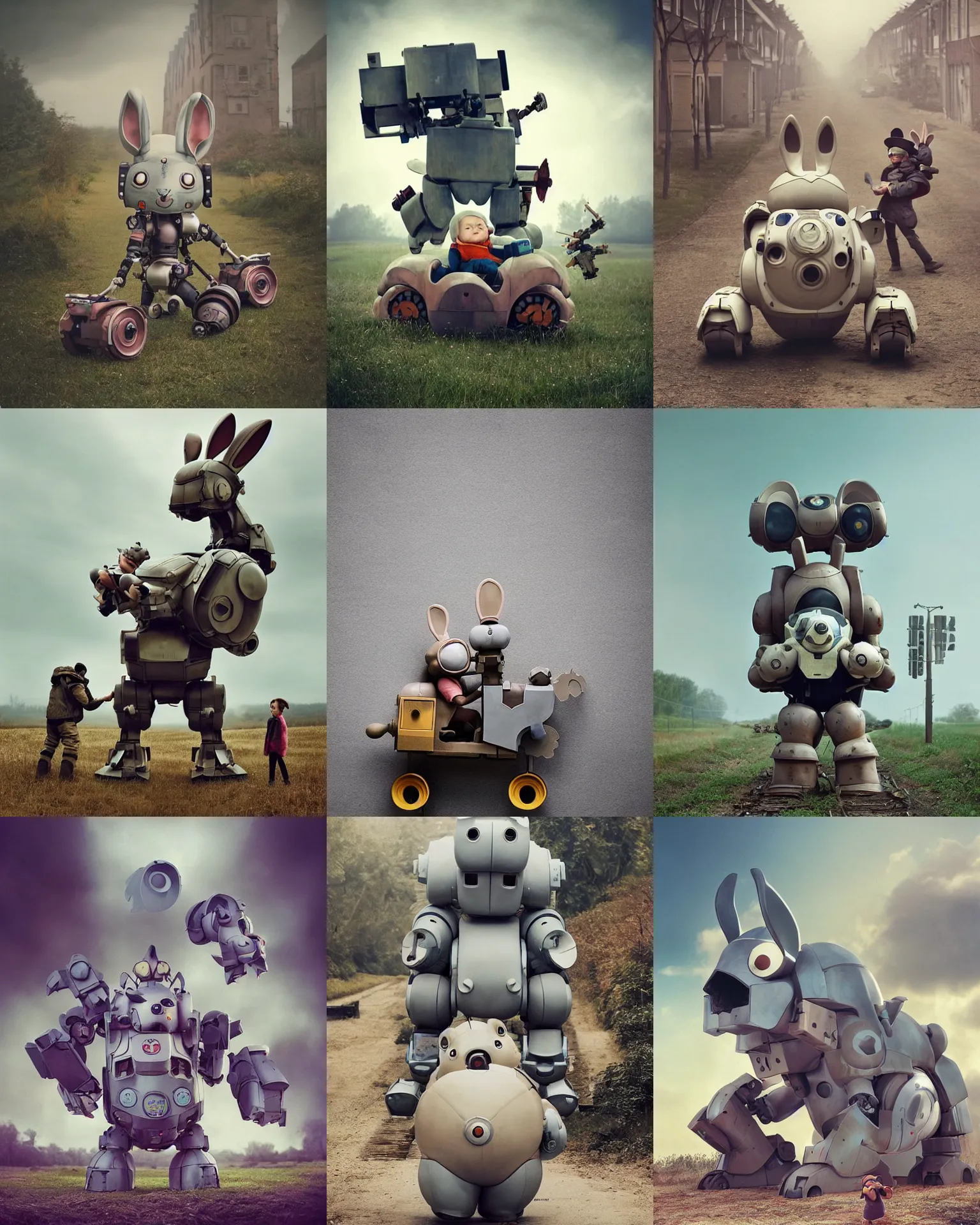 Prompt: epic battle pose !!!giant oversized battle rabbit robot as chubby mech baby train with big ears , on a village, full body , Cinematic focus, Polaroid photo, vintage , neutral dull colors, soft lights, foggy , nighttime by oleg oprisco , by victor enrich , by gregory crewdson