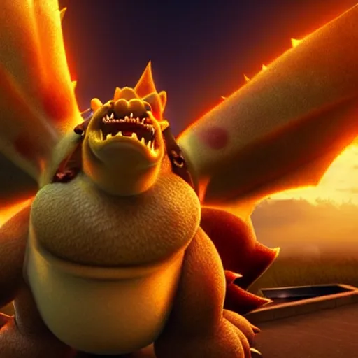 Image similar to stunning awe inspiring hyperrealistic bowser, highly detailed, movie still 8 k hdr atmospheric lighting