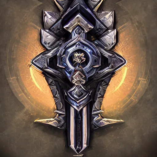 Image similar to concept art of rare legendary sword, perfect symmetry, rpg, digital art, d & d, central symmetrical composition, incredible, digital painting, cinematic view, no noise, global illumination, warm lighting, volumetric, vivid, intricate details, ultra realistic, volumetric lighting, warm colors advance, cell shading