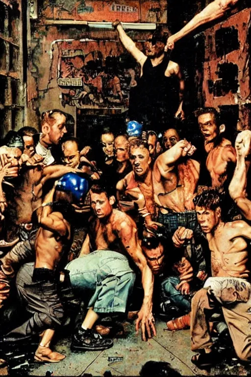 Image similar to Tyler Durden fighting in a basement painted by Norman Rockwell