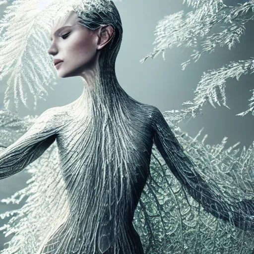 Image similar to a highly detailed ethereal full body shot, digital image of a silver covered elegantly posed futuristic woman beautifully cocooned in chromatic leafy foliage like leaves shot, full body shot, by Andrew Chiampo, artstation, and Frederik Heyman, extremely detailed woman, stunning volumetric lighting, intricate details, hyper realism, realistic fantasy, sci-fi, textured, stylized, 4k,