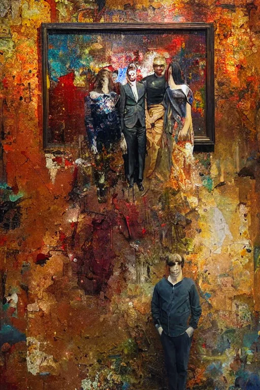 Image similar to a beautiful glitched painting by robert proch of people in front of a painting in a museum gallery, metal rust and plaster materials, pixel sorting, color bleeding, brushstrokes by jeremy mann, still life, dark colors