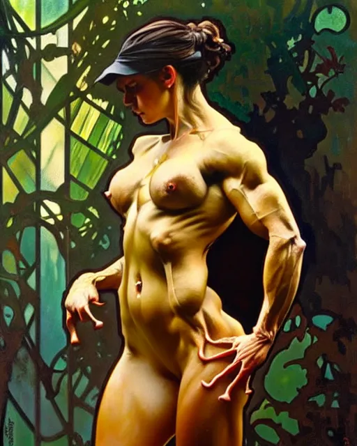 Image similar to full body painting of a frog bodybuilder, oil on canvas, art by greg rutkowski and alphonse mucha