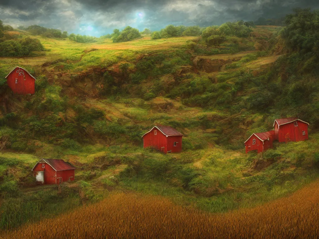 Image similar to Intricate detailed lush ravine with a single isolated red barn next to a wheat crop at noon. Wide angle shot, surreal, dreamlike, Artstation, Thomas Chamberlain-Keen