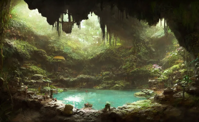 Image similar to painting of an interior of a hidden japanese hotspring in a small cave, fantasy, lush plants and flowers, natural light, concept art, by craig mullins, cozy atmospheric and cinematic lighting, trending on artstation