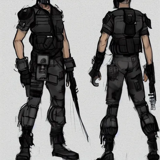 Prompt: ryan church jon mccoy concept art sketch cyberpunk solider black cloth character reference sheet