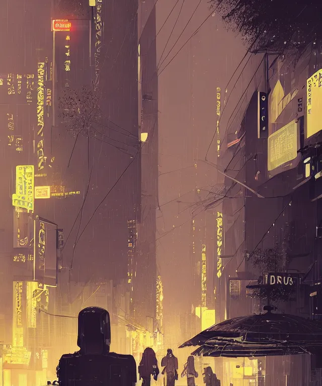 Prompt: morbus gravis in street of paris or neo tokyo , humid ground, , volumetric light, bokeh light from top, science fiction elements like droids or computer screens, brutalist architecture, rainy mood, artstation, art pascal campion