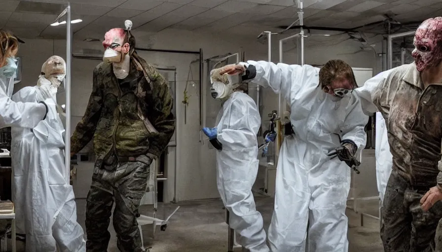 Image similar to Big budget color horror movie set inside a bioweapons lab, where a deadly virus is being created