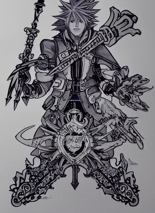 Image similar to joe biden as a kingdom hearts keyblade villain, official square enix hand painted inked artwork, intricate design, high definition, delicate patterned, fantasy, fashionable rpg clothing